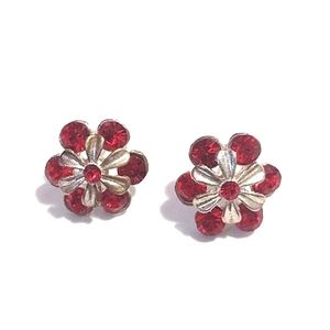 VINTAGE BRIGHT RED RHINESTONE FLORAL BUTTON POST .6" EARRINGS